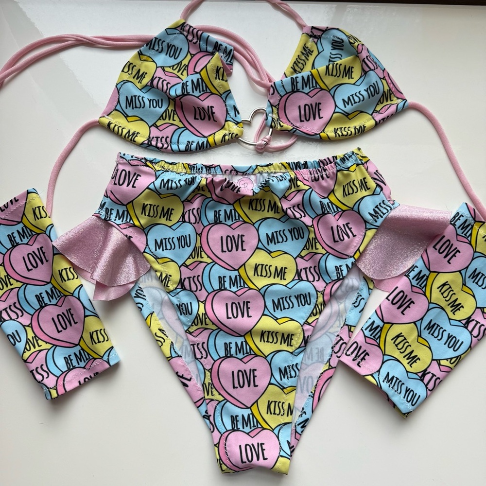 Colorful Candy Heart Print Women's Bikini Rave Wear Set